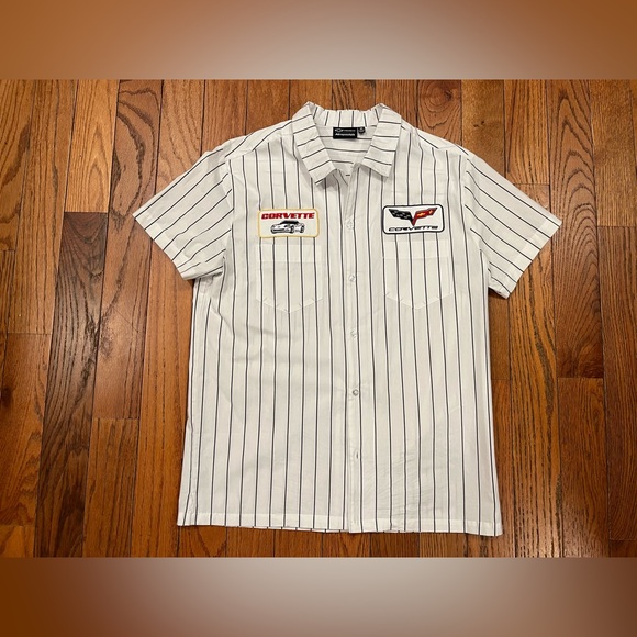 Aeropostale Chevrolet Corvette Mechanic Striped Collar Shirt Mens Medium Button - Picture 2 of 10